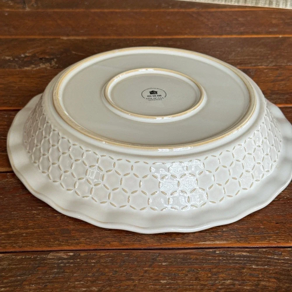 Malacasa Stoneware Pie Dish White Scalloped Ruffled Edge Honeycomb Texture 10in